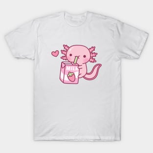 Cute Axolotl Drinking Strawberry Milk Doodle T-Shirt